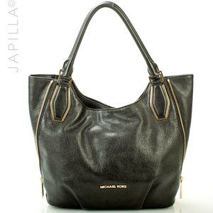 MICHAEL KORS ZIPPERED BLACK LEATHER SHOULDER BAG TOTE